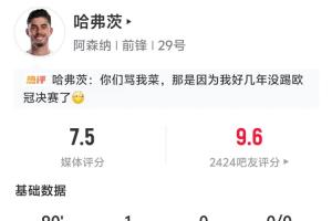 助球队欧冠领先！哈弗茨本场数据：3次射门，1粒进球，评分7.5配图